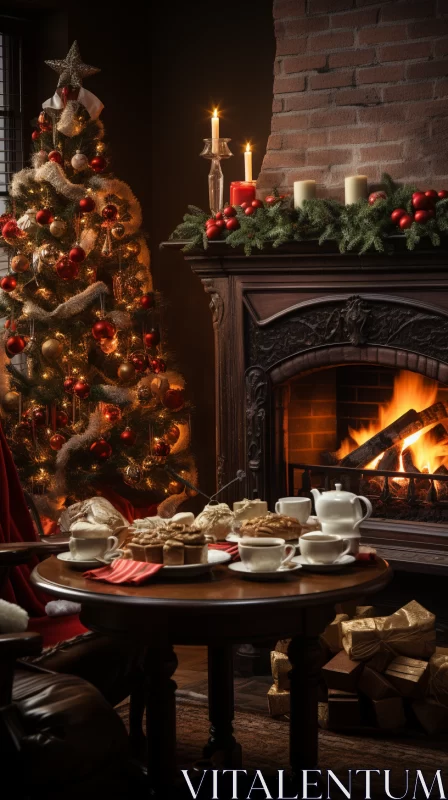 AI ART Festive Interior Setup by Fireplace with Christmas Decorations