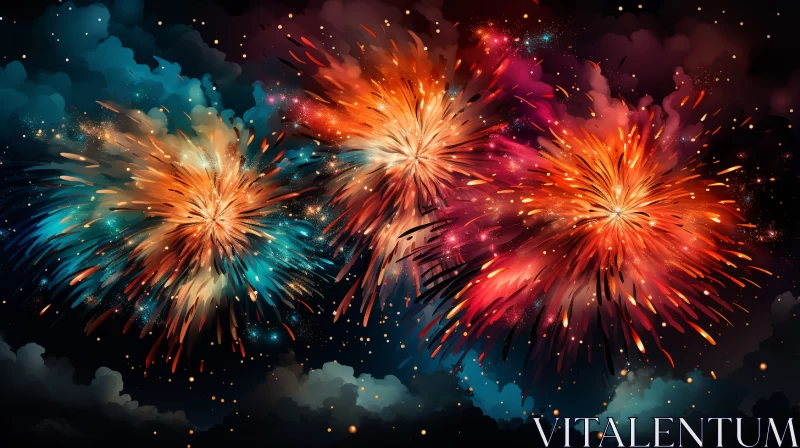 Colorful Fireworks Display against Dark Sky - Illustrated Artwork AI Image