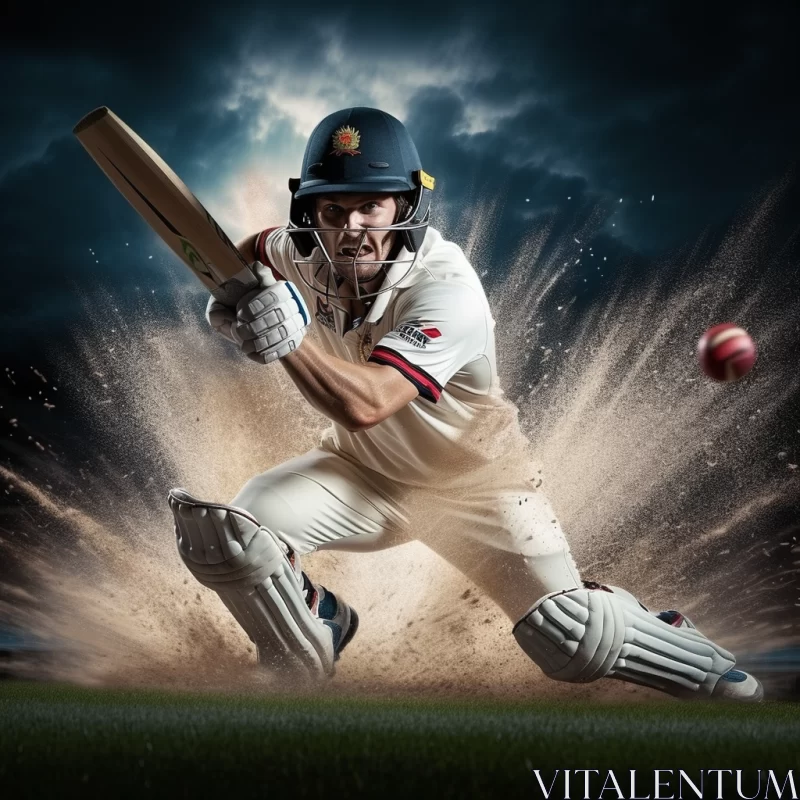 Cricket Player in Powerful Swing against Stark Black Backdrop AI Image