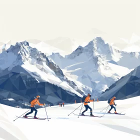 Cubist-Style Skiing Scene in Amber & Navy Hues with Subtle Cabincore Aesthetics AI Image