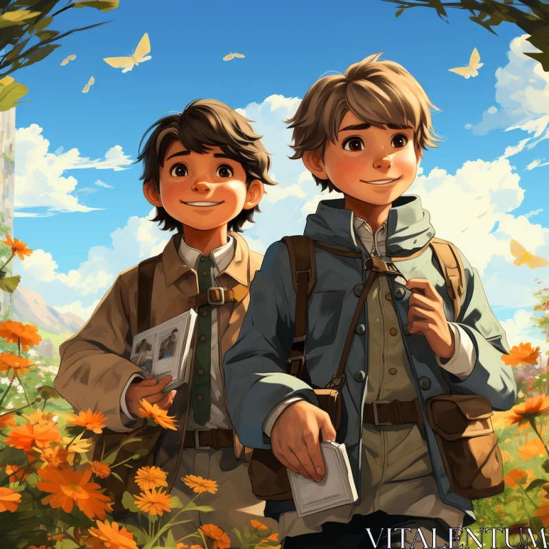 Enchanting Digital Painting of Children on a Nature Adventure AI Image