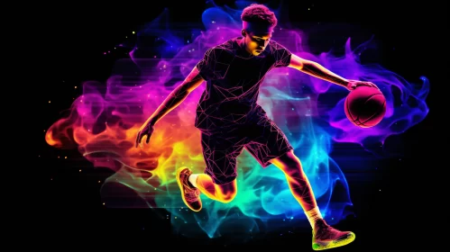 Passionate Basketball Player Leaping in Vibrant Neon Scene AI Image