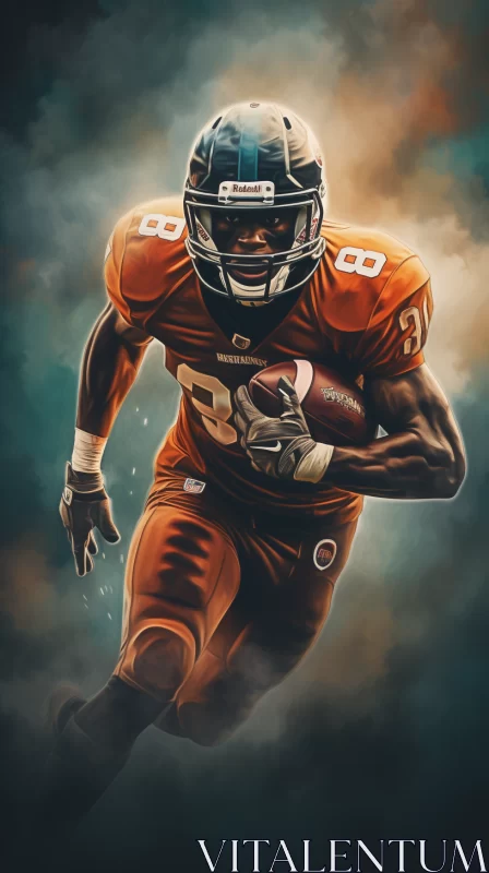 AI ART Powerful American Football Player in Dark Orange, Mid-Stride