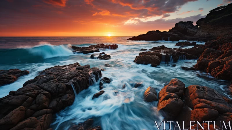 Rocky Seashore Sunrise with Contrasting Terrain AI Image