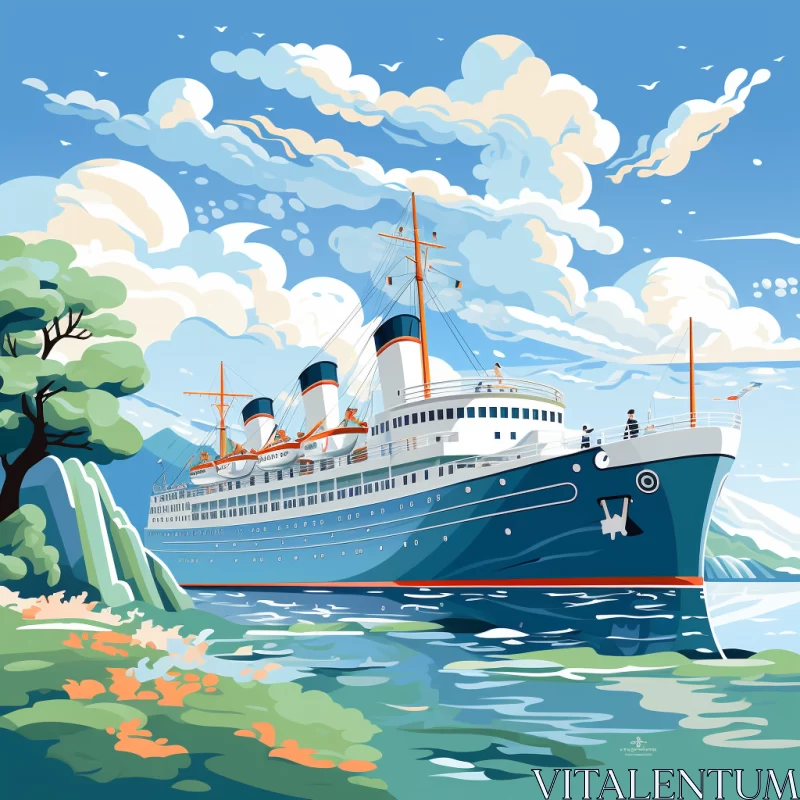 Vintage Comic Art-Style Cruise Ship and Majestic Mountain Landscape AI Image