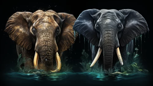 Elephants in the Water: A Kimoicore Illustration AI Image