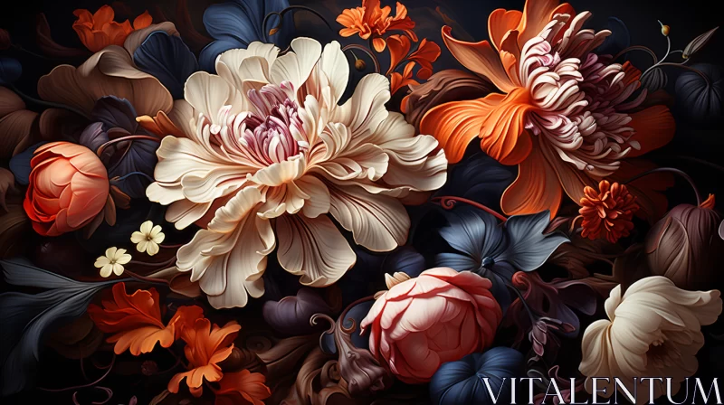 Neo-Baroque Floral Still Lifes on Black Background AI Image