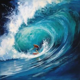 Vibrant Oil Painting of Man Riding Monumental Wave, Featuring Dynamic Palette of Dark Cyan, Turquois AI Image