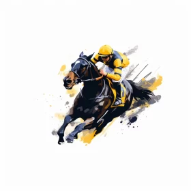 Vibrant Watercolor Painting of Horse Racing in Full Speed with Dominant Black and Yellow Colors AI Image