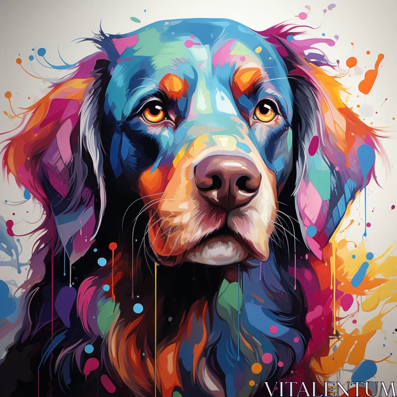 Expressive Dog Portrait in Dark Cyan and Orange Paint Drips AI Image