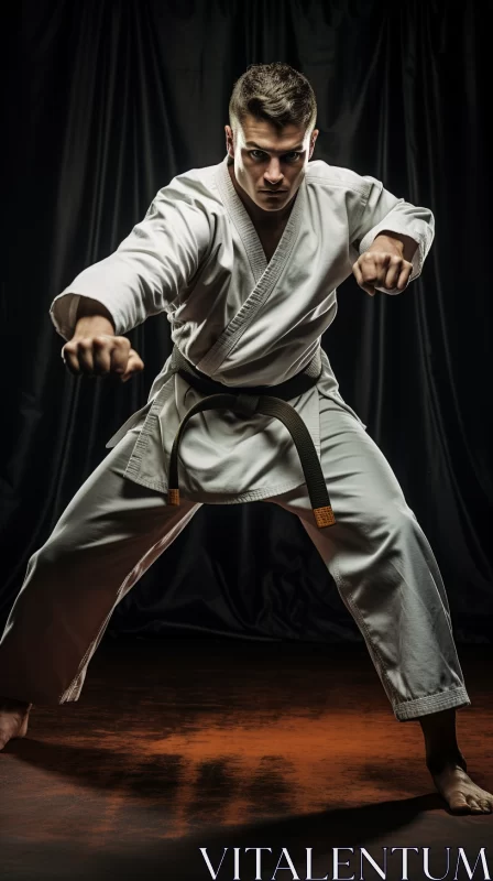 Powerful Karate Stance in White Uniform with Vintage Background AI Image