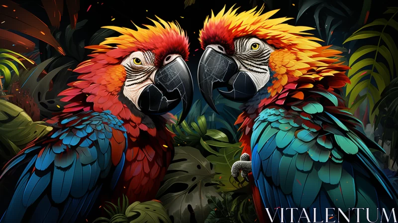 Vibrant and Detailed Macaws and Parrots in a Dark Dreamlike Paradise: A Captivating Blend of Nature, AI Image