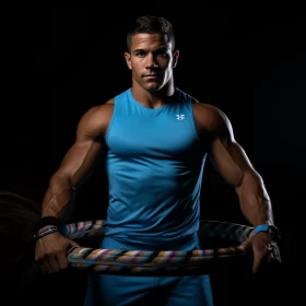 Youthful Fitness Model in Sportswear with Gym Hoop against Cyan Backdrop AI Image