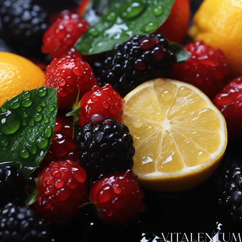 Brightly Colored Fruits on Black Background with Water Droplets AI Image