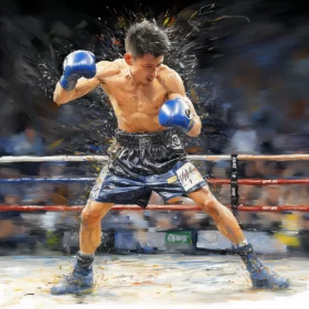 Dramatic Boxing Match Painting with Realistic and Impressionistic Influences AI Image