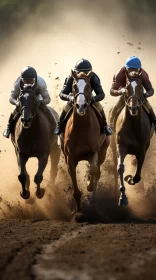 Intense Horse Race Image with Dust Swirling & Dramatic Shadows AI Image