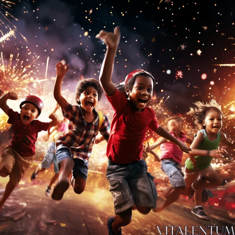 Joyful Children Celebrating with Fireworks in a Multicultural Setting AI Image