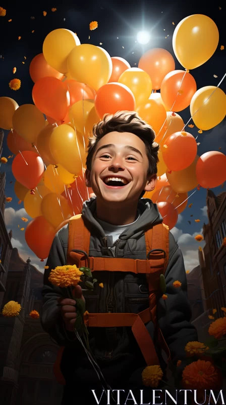 Surrealistic Urban Joy: Man with Balloons AI Image