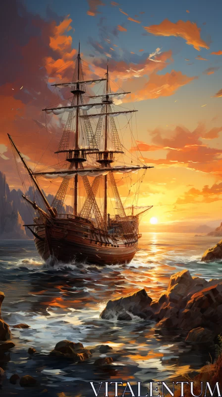 17th Century Sailing Ship in Tranquil Ocean at Sunrise AI Image