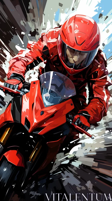 Anime-Style Man on Red Motorcycle in Snow Scene AI Image