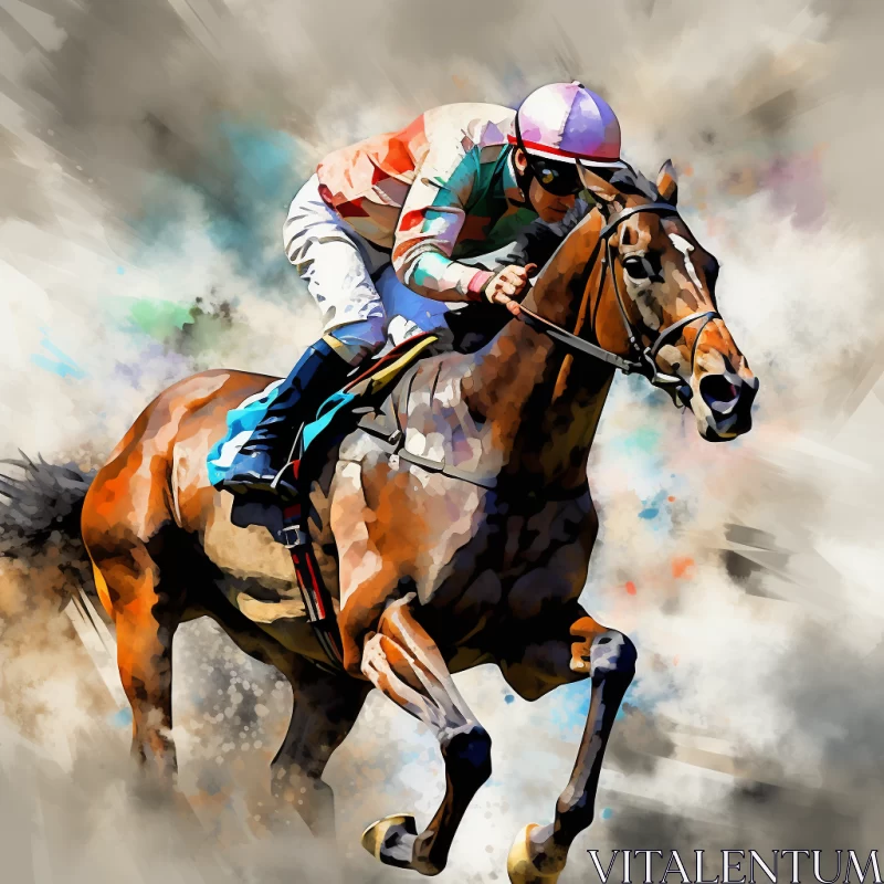 Dynamic Digital Art of a Thrilling Horse Race with Atmospheric Backdrop AI Image