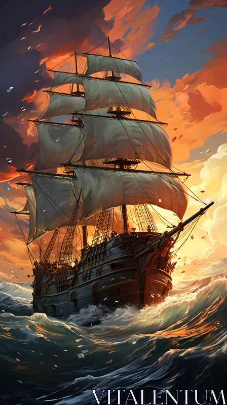 Intricate 2D Game Art of Ship Sailing in Foggy Ocean at Sunset AI Image