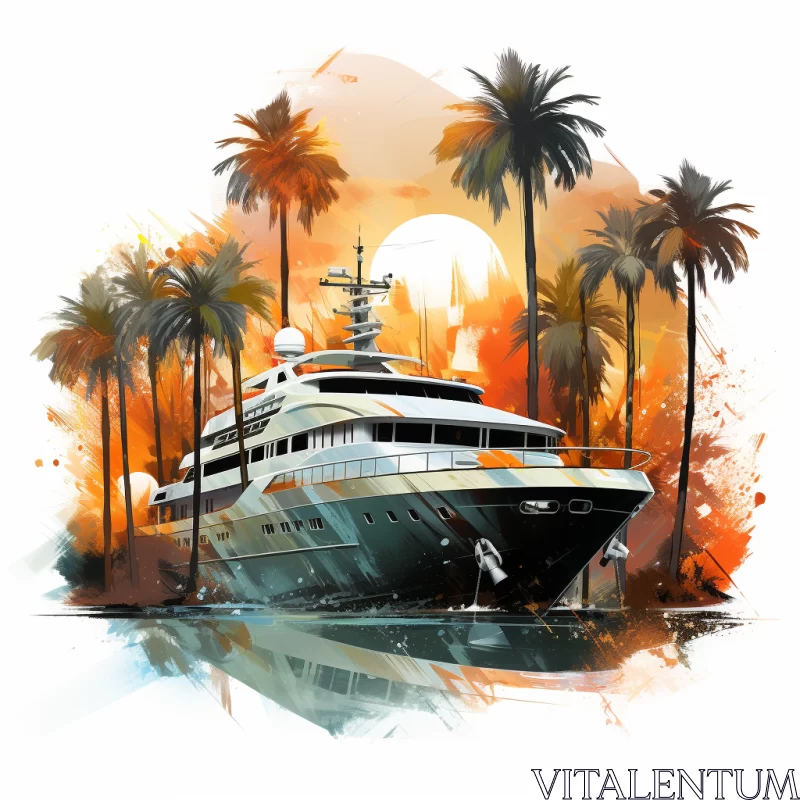 Luxury Superyacht Anchored on Tropical Beach with Exotic Flora and Fauna AI Image