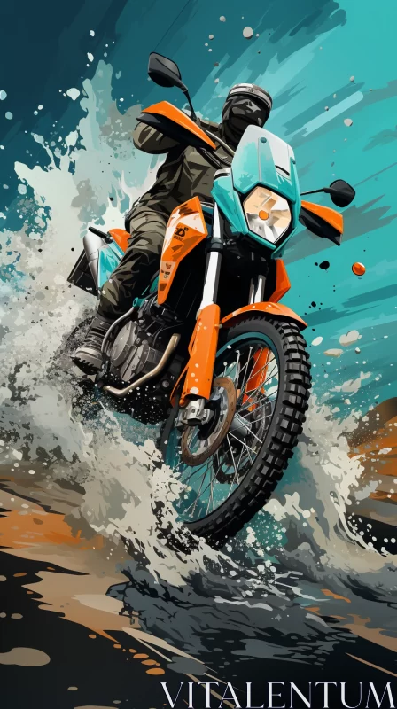 Motorcyclist in Orange and Cyan Attire Rides Through Water with Teal and Orange Backdrop AI Image
