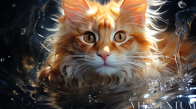 Orange Furred Cat Swimming in Luminous Water Illustration AI Image