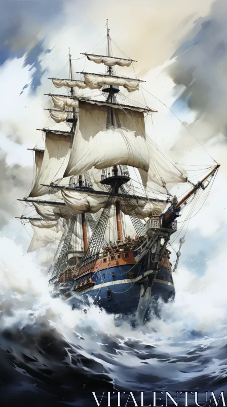 Victorian-Style Sail Ship Adventure in Stormy Sea - Navy & Bronze AI Image
