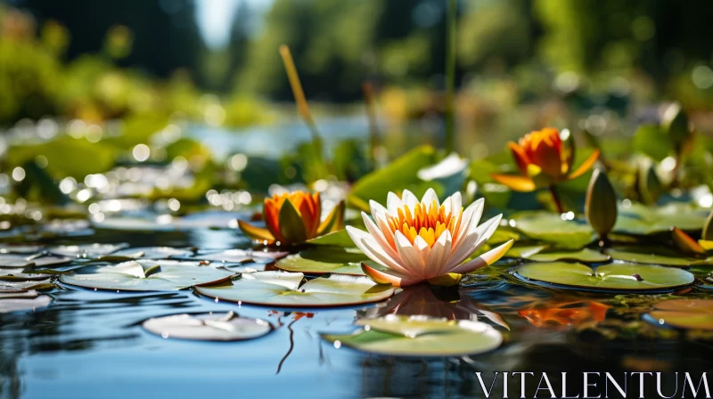 White Flower in Pond - Spiritual Meditations in Light Bronze and Orange AI Image