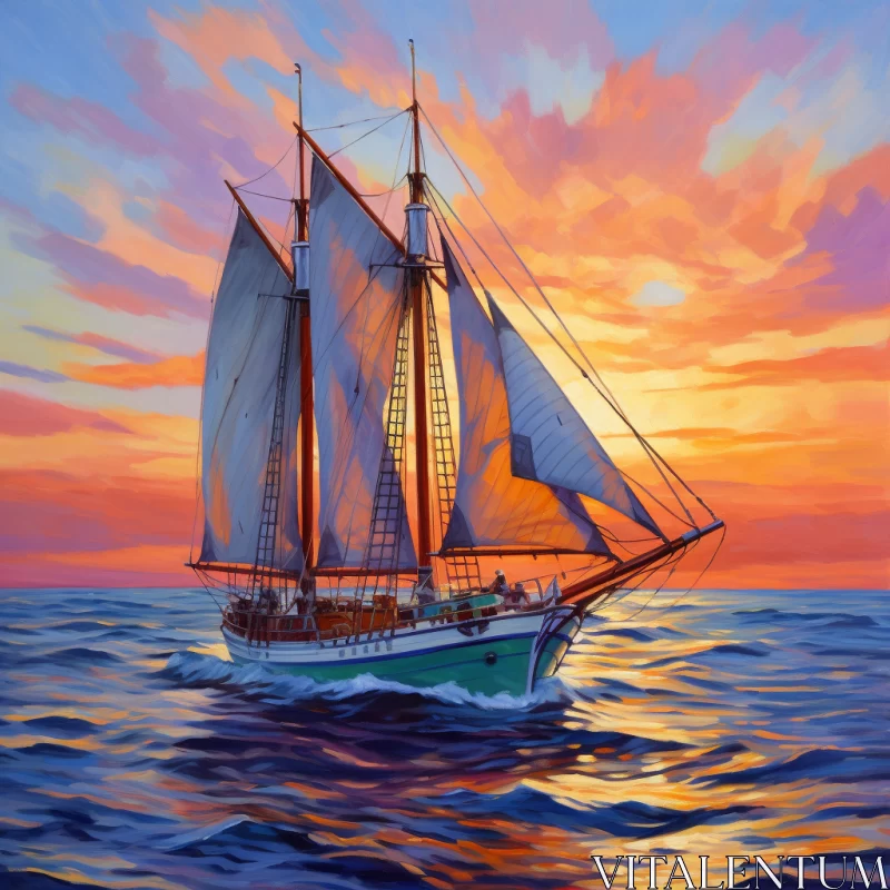 American Impressionism Meets Modern Color-Field in Oceanic Sailing Ship Depiction AI Image
