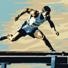 Athletic Man Leaping Over Hurdle in Vintage-Style Digital Art AI Image