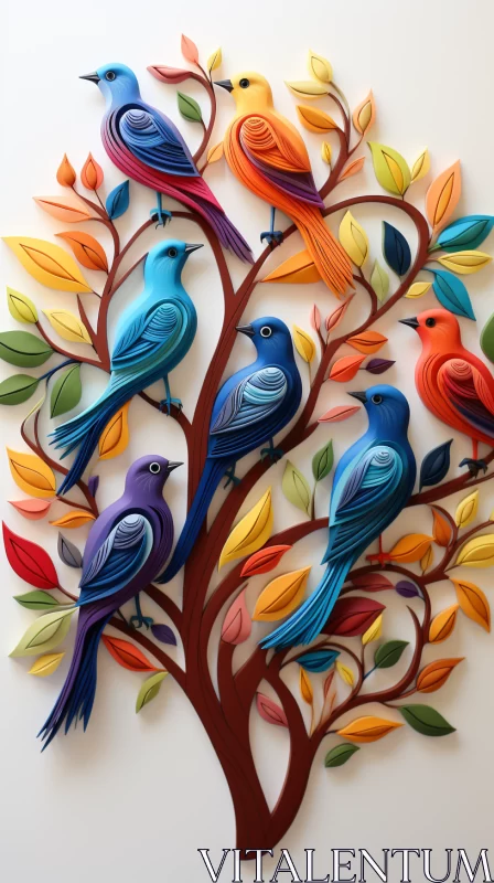 Colorful Birds Paper Art Sculpture with Decorative Backgrounds and High Detail AI Image