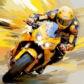 Dynamic Speed Painting of Man on Yellow Motorcycle with High-Speed Action Impasto Technique AI Image