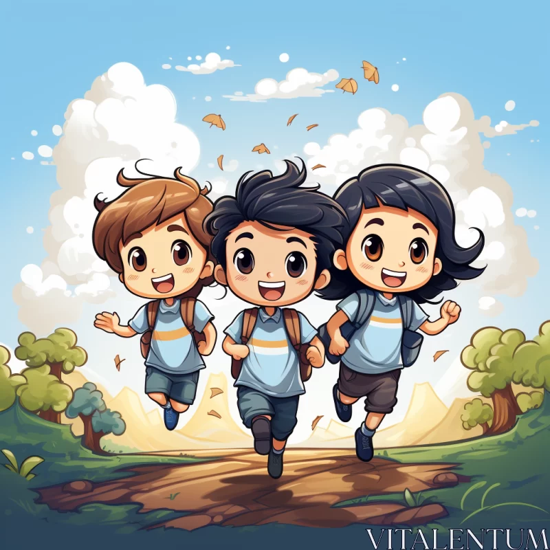 Joyful Cartoon Boys Running in Nature - Manga and Indonesian Art Fusion AI Image