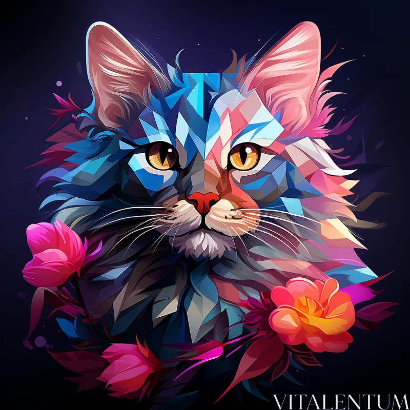 Low Poly Cartoon Cat Portrait with Multicolored Floral Adornment AI Image