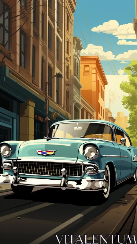 Vintage Blue Car in Cartoonish Cityscape - Art Illustration - AI Art images AI Image
