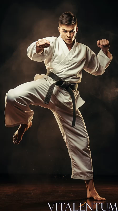 1970's Divisionist Karate Fighter Image in Saturated Gold and White AI Image
