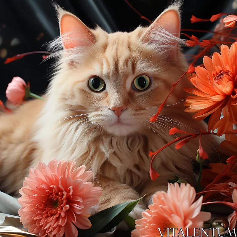 Amber Cat Amidst Floral Array in Classic Portraiture Style AI Image