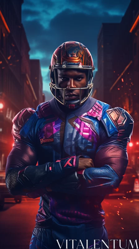 AI ART American Football Player in Neon-Lit Cyberpunk City