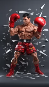 Dynamic Polygonal Kung Fu Boxer in Red and Grey AI Image
