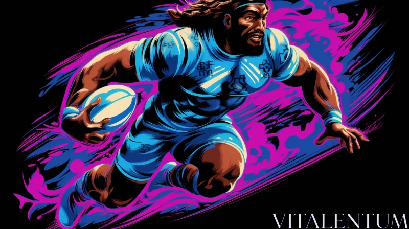 High-Definition Neo-Traditional Japanese Style Rugby Player Illustration in Sky-Blue and Magenta AI Image
