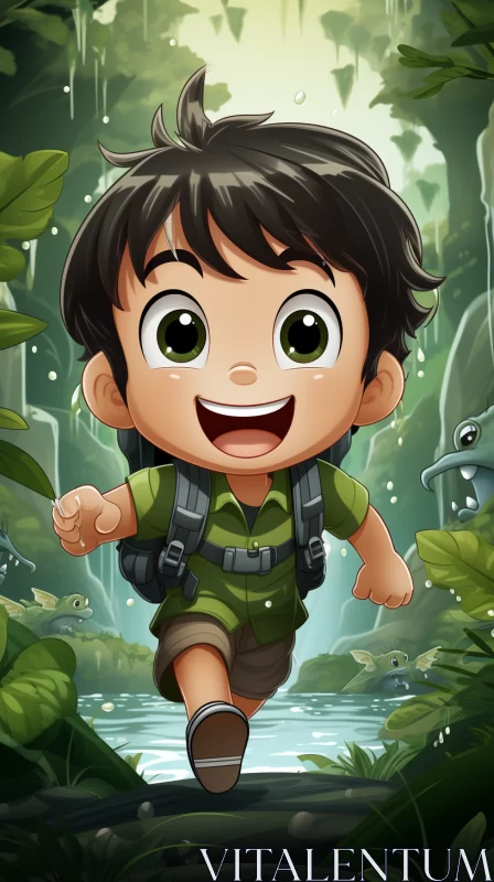 Adventurous Cartoon Boy Running Through Jungle - Digital Art AI Image