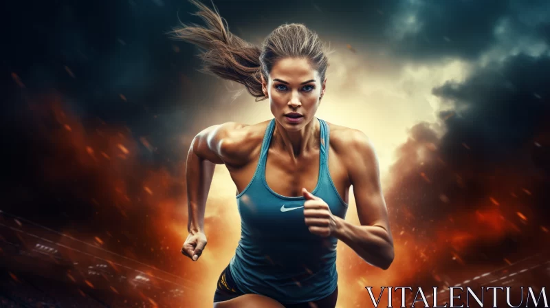 Athletic Woman Mid-Stride Against Fiery Abstract Backdrop AI Image