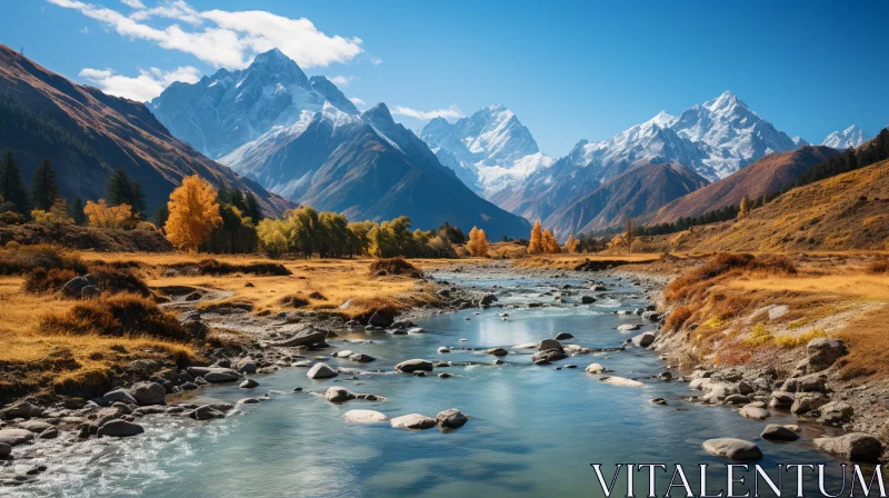 Autumnal Mountain Valley Landscape with Turquoise River AI Image