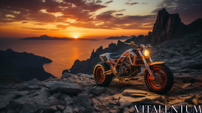 Bronze Motorcycle on Rocky Cliff with Norwegian Mountain Backdrop AI Image