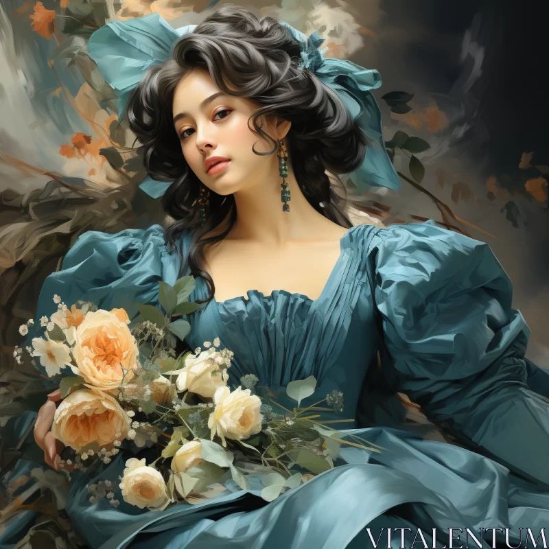 AI ART Cyan Elegance: A Lady Amidst Roses in Historical Genre Scenes