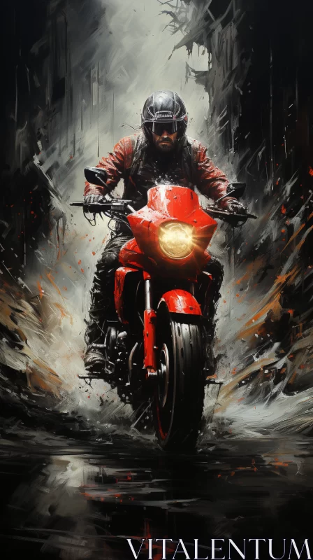 Industrial Style Red Motorcycle in City Setting Painting AI Image