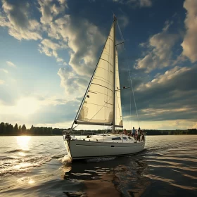 Serene Sailboat Journey Image with Majestic Ports and Gold-Trimmed Reeds AI Image